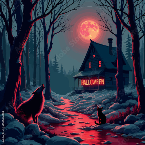 "A Halloween night scene with a haunted house, A large, full moon shines brightly in the sky, a menacing wolf stands howling at the moon. vector illustration2