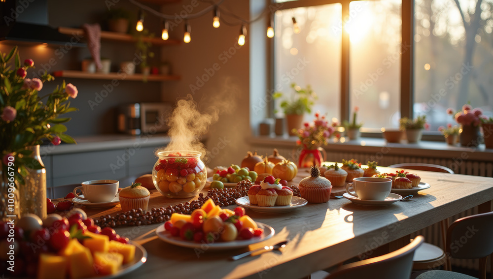Morning Brunch Spread With Fruits and Desserts in a Sunlit Kitchen Morning Brunch Spread With Fruits and Desserts in a Sunlit Kitchen