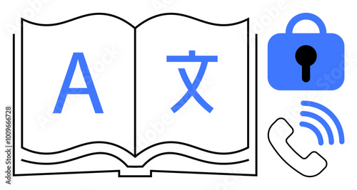 Open book with one page having letter A and the other with a foreign character. Blue phone with signal lines and a blue padlock with keyhole beside the book. Ideal for language learning, translation