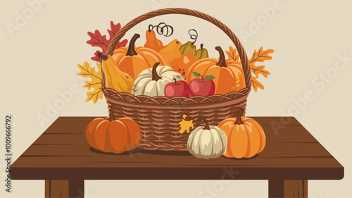 Stylized illustration of wicker basket with autumn harvest items.