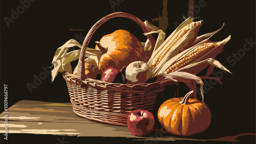 Wicker basket filled with autumn harvest items in chiaroscuro lighting.