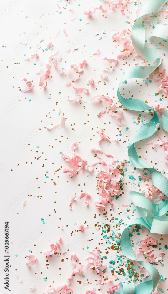 Minimalist Abstract Birthday Background with Gold Confetti and Pastel Ribbons - Perfect for Invitations