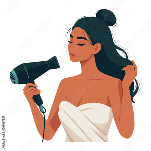 Beautiful brunette girl in a towel dries her long black hair with a hairdryer. Vector illustration isolated on a white background.