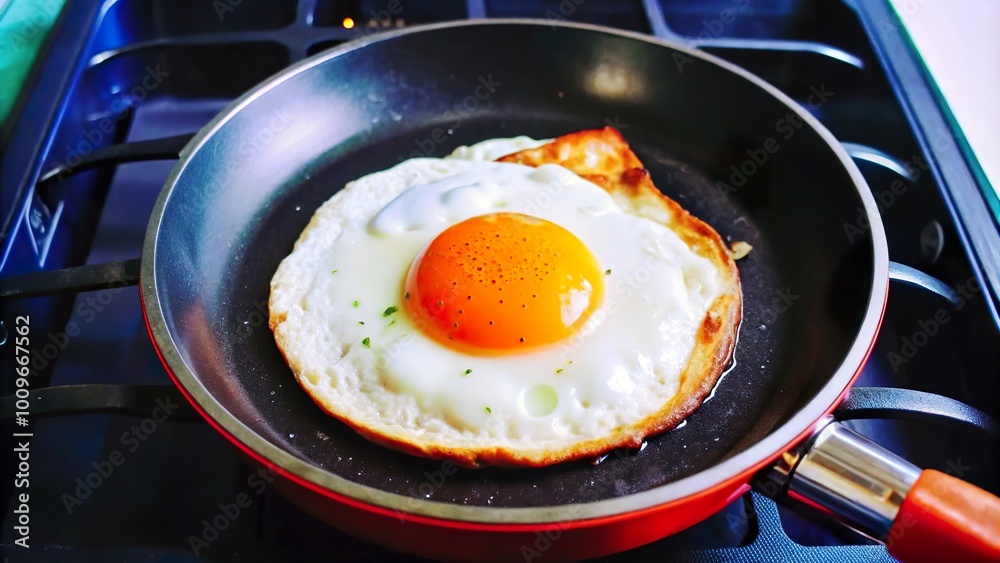 A fried egg sizzling on an old gas cooker in a frying pan during a morning breakfast preparation A fried egg sizzling on an old gas cooker in a frying pan during a morning breakfast preparation