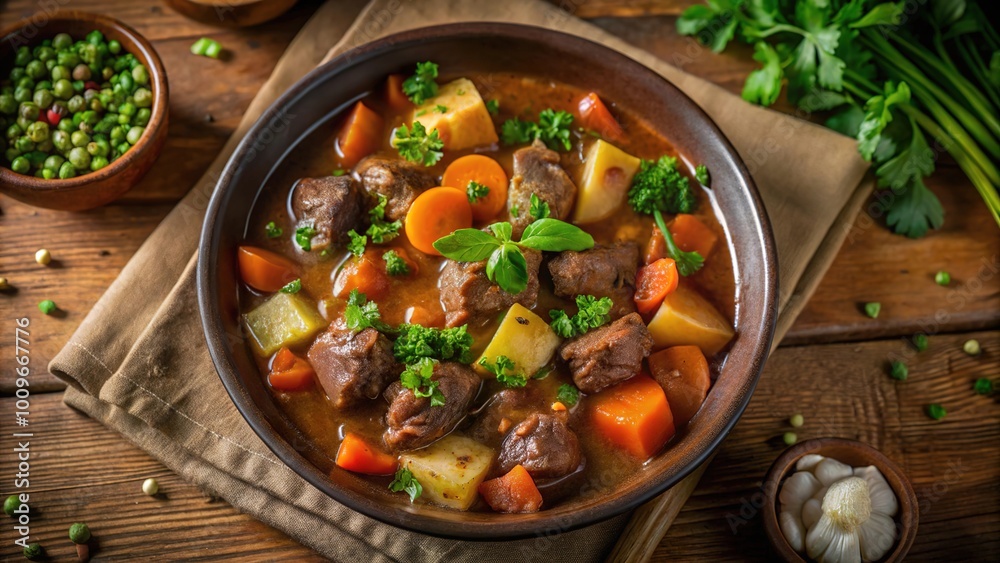 Hearty beef stew with vegetables served in a rustic bowl on a wooden table with fresh herbs and greens Hearty beef stew with vegetables served in a rustic bowl on a wooden table with fresh herbs and greens