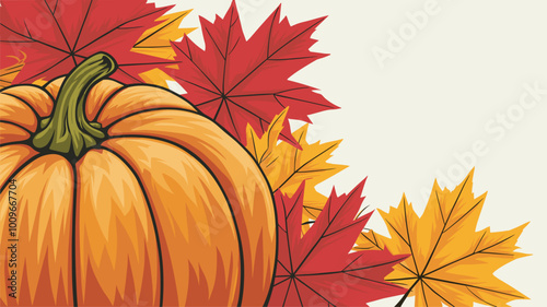 Close-up of pumpkin on colorful maple leaves, right side blank for text.