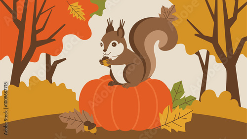 Squirrel perched on pumpkin with acorns, surrounded by autumn leaves.