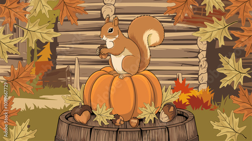 Squirrel perched on pumpkin with acorns, surrounded by autumn leaves.