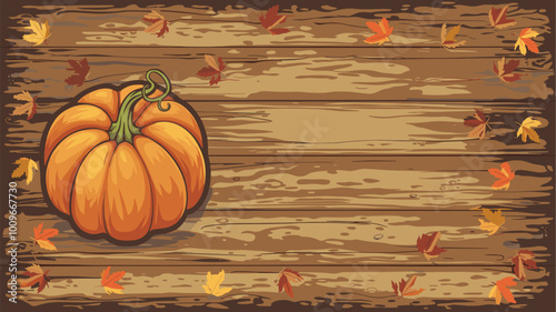 Single pumpkin on rustic wooden background with scattered leaves and blank space. photo