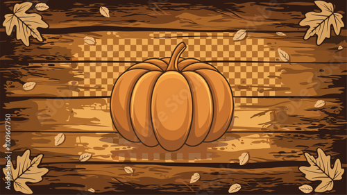 Single pumpkin on rustic wooden background with scattered leaves and blank space. photo