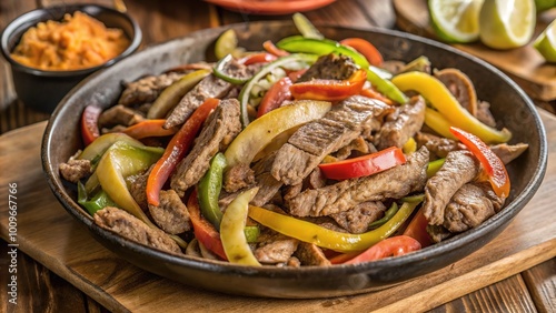 Delicious beef fajitas with colorful bell peppers served on a wooden platter at a cozy Tex-Mex restaurant during dinner time