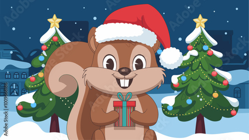 Merry squirrel in a Santa hat, clutching a small, colorful Christmas gift box, set against decorated evergreen trees and a winter wonderland.