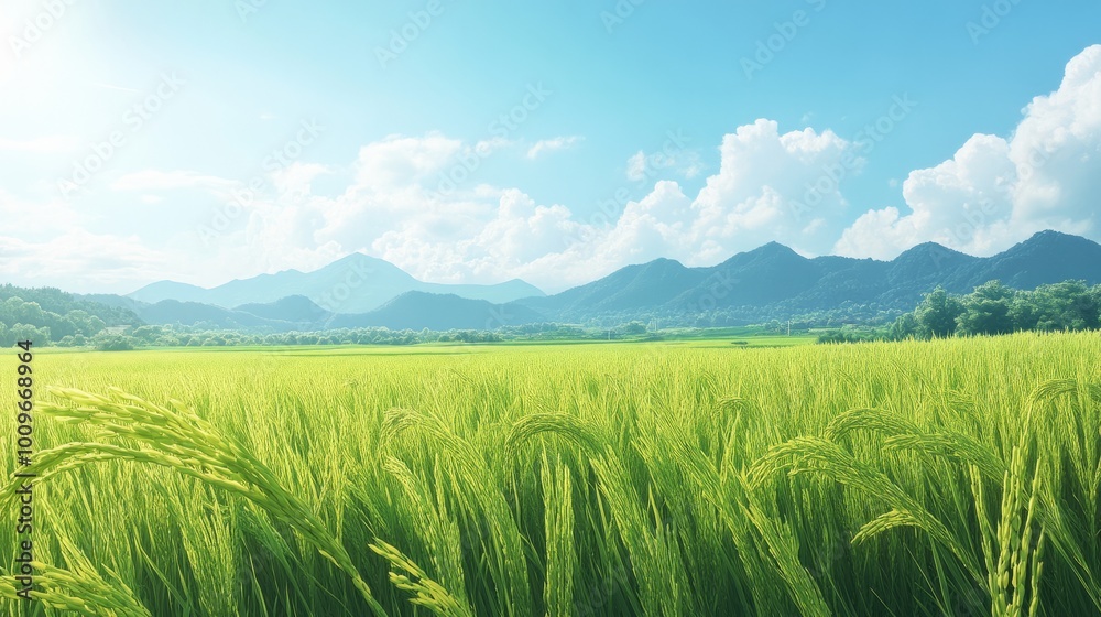 A field of vibrant, green rice ears bending gracefully in the wind, with a distant view of the mountains and a brilliant, cloudless sky, capturing the timeless beauty of agriculture. A field of vibrant, green rice ears bending gracefully in the wind, with a distant view of the mountains and a brilliant, cloudless sky, capturing the timeless beauty of agriculture.