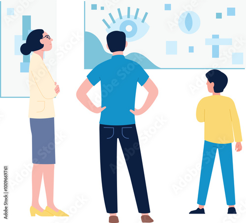 Family in art gallery. Museum exhibition visitors or tourists