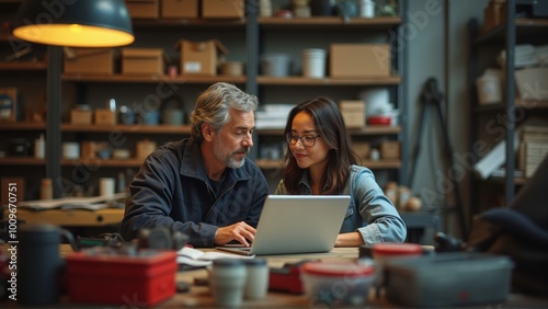 A male and female artisan collaborate in a pottery studio, using a laptop to manage their small business while surrounded by handmade ceramics. The scene captures creativity, technology, and