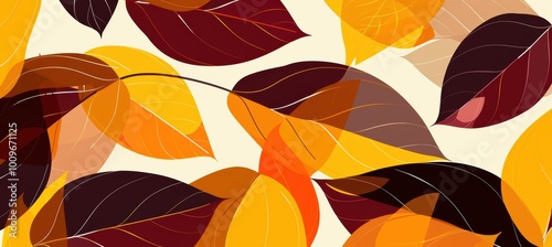 Modern Autumn Abstract Artwork with Geometric Leaves in Vibrant Yellow, Orange, and Burgundy Shades