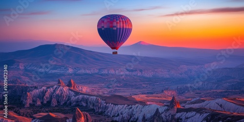 a hot air balloon flying over a mountain range photo