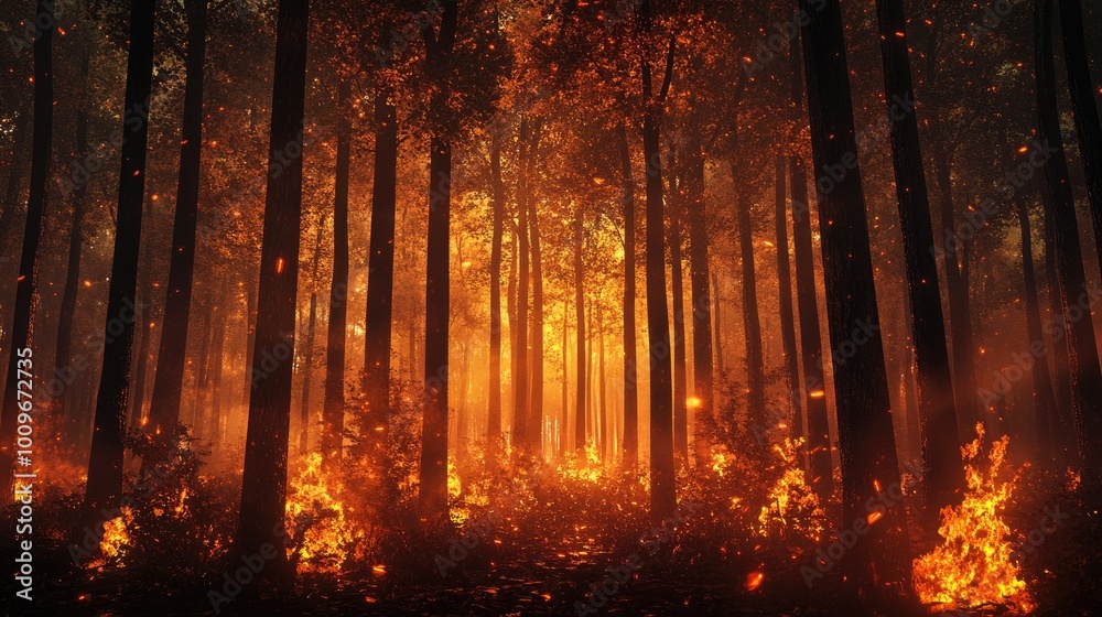 A Forest Fire Burning with Flames and Smoke Between Trees A Forest Fire Burning with Flames and Smoke Between Trees