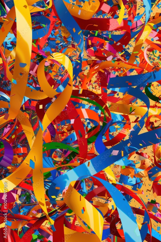 Fototapeta premium Vibrant Abstract Birthday Background with Colorful Swirling Ribbons and Confetti