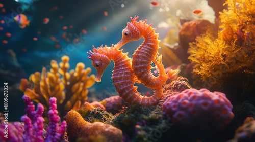 Two seahorses in a vibrant coral reef scene. photo