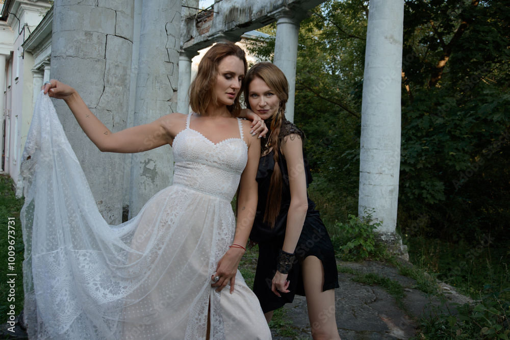 Two beautiful girls, sisters Lilith and Eva, pose in rocking dresses against the background of columns. Two beautiful girls, sisters Lilith and Eva, pose in rocking dresses against the background of columns.