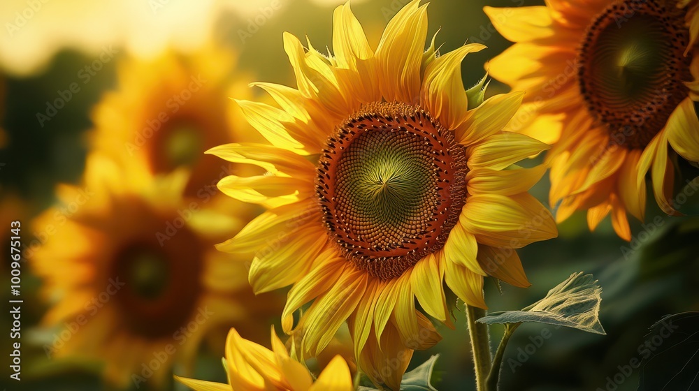 A close-up of sunflowers with bold lines and a warm color palette of yellows and oranges, capturing the vibrant and energetic essence of summer. A close-up of sunflowers with bold lines and a warm color palette of yellows and oranges, capturing the vibrant and energetic essence of summer.
