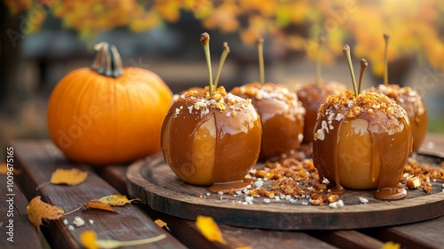 Cozy autumn centerpiece featuring caramel apples and pumpkins for National Caramel Apple Day photo