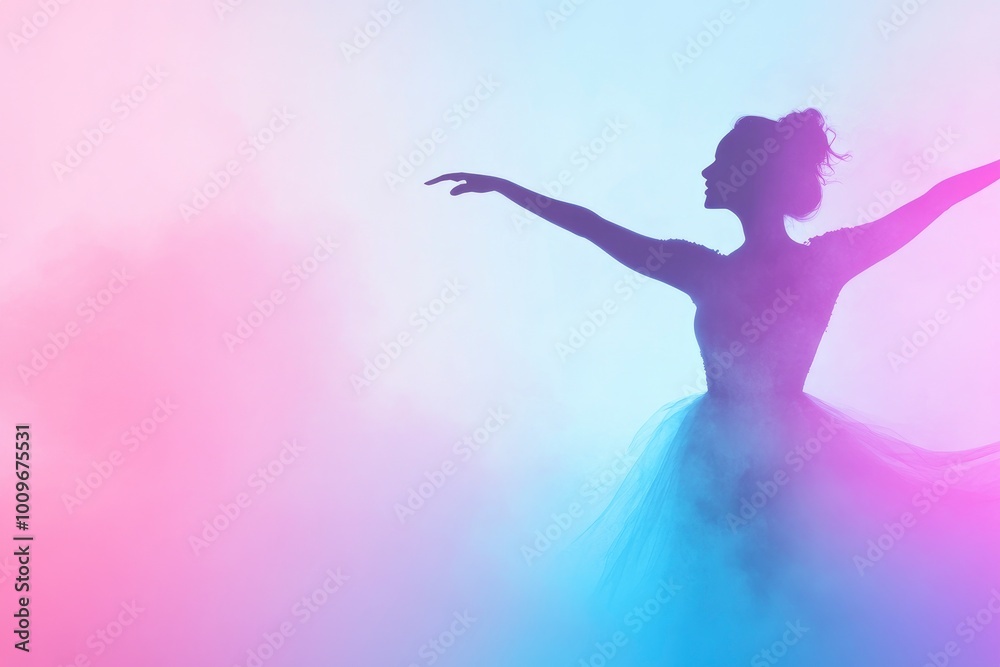 Blurred silhouette of a dancing woman against a light blue and purple gradient background Blurred silhouette of a dancing woman against a light blue and purple gradient background