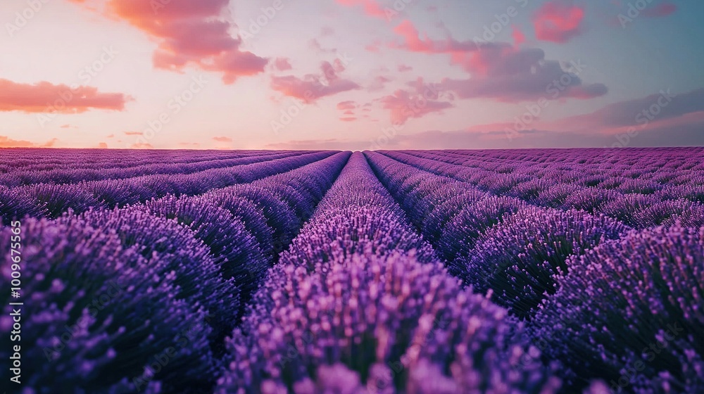 Fototapeta premium Lavender field with sunset and cloudy sky in foreground