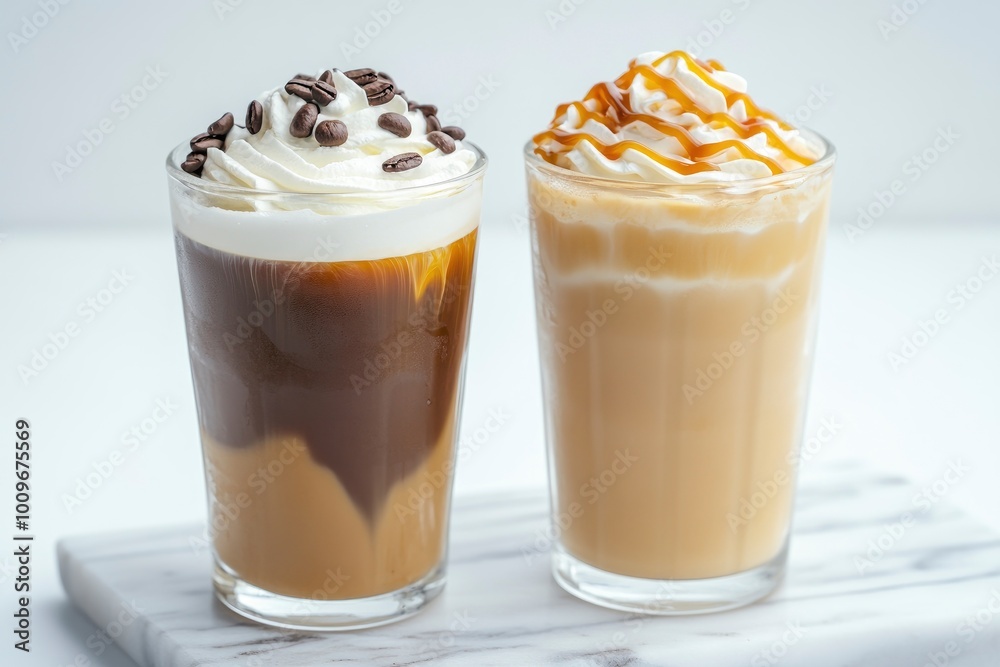 Iced coffee and caramel with cream in tall glasses on a marble board, against a white background Iced coffee and caramel with cream in tall glasses on a marble board, against a white background