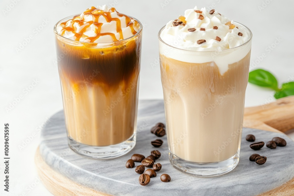 Iced coffee and caramel with cream in tall glasses on a marble board, against a white background Iced coffee and caramel with cream in tall glasses on a marble board, against a white background