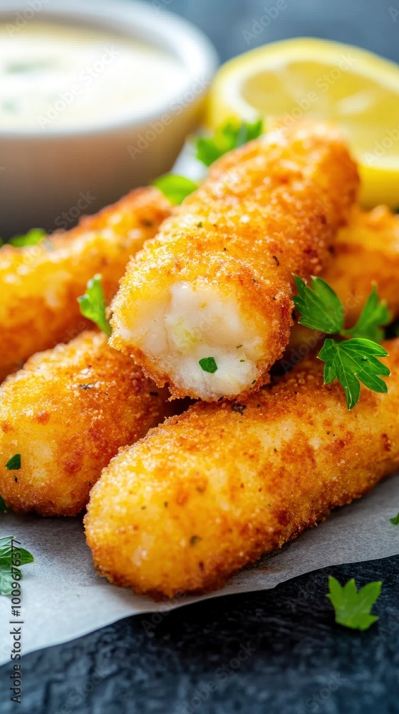 Detailed view of fried fish sticks on a table with lemon and herbs. Detailed view of fried fish sticks on a table with lemon and herbs.