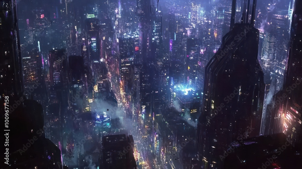 Fototapeta premium A futuristic cityscape with a lot of lights and a lot of buildings