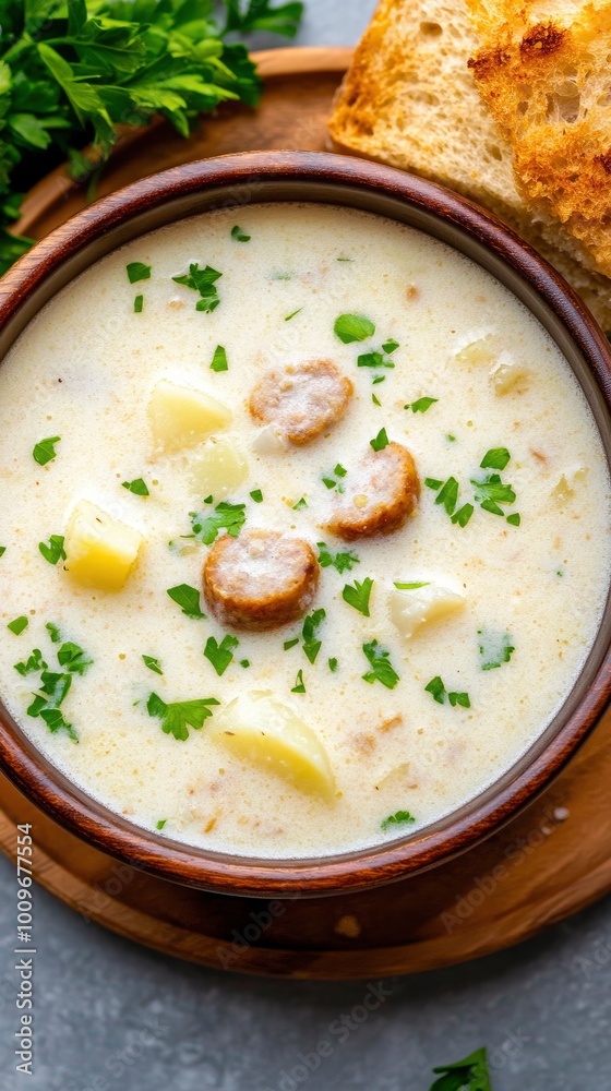 A picture of a bowl of Polish white soup with bread, sausage, and potatoes on the side. A picture of a bowl of Polish white soup with bread, sausage, and potatoes on the side.