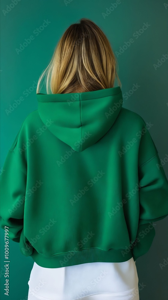 A woman wearing a green hoodie and white pants A woman wearing a green hoodie and white pants