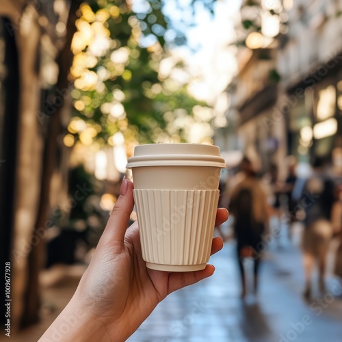 A hand holding a reusable coffee cup outdoors in a busy street setting photo