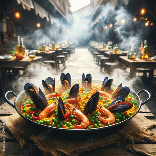 A steaming paella filled with mussels, shrimp, peas, and peppers sits on a table in a bustling market. Generative AI photo