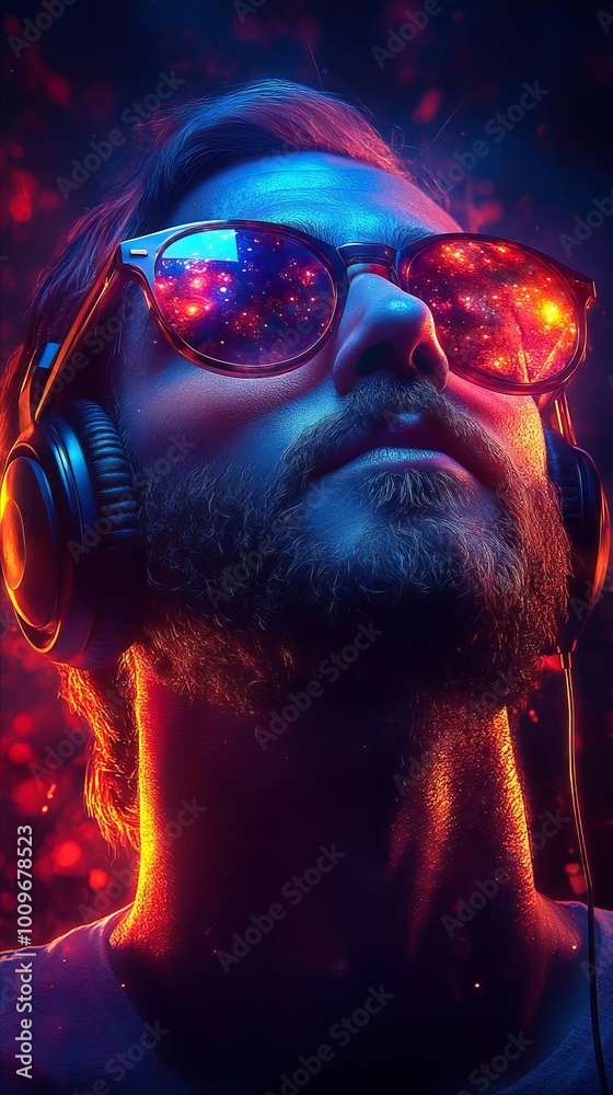 A man wearing sunglasses and headphones in front of a red and blue background