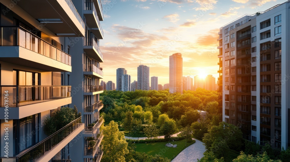 Obraz premium A modern cityscape with high-rise apartments overlooking a beautifully landscaped urban park at sunset