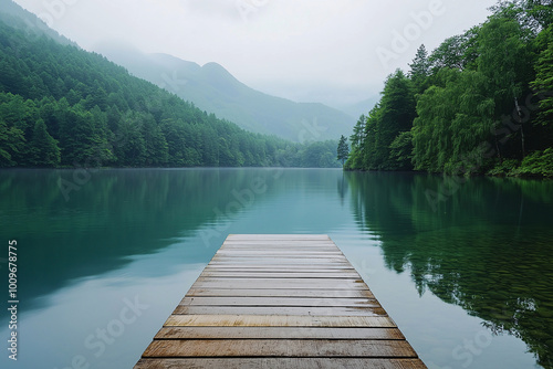 Wooden Pier Over Tranquil Lake with Misty Mountains and Lush Forest for Peaceful Nature Escape