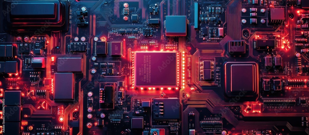 Fototapeta premium Illuminated Circuit Board with Central Processor and Glowing Traces