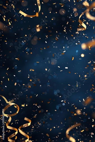 Elegant Abstract Birthday Background with Gold Confetti and Streamers on Navy Blue