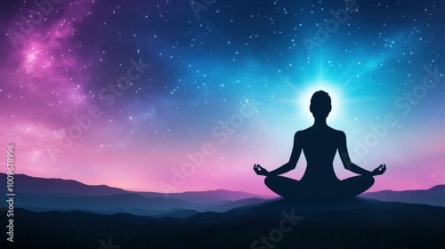 Silhouette of woman in a lotus position against a background of a starry colorful gradient sky, a concept for yoga practice or meditation