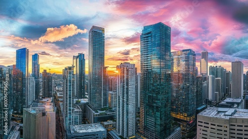 A panoramic view of a cityscape at sunset with skyscrapers and a colorful sky. photo