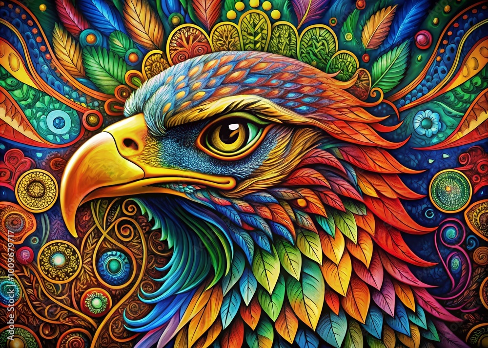Obraz premium Majestic Eagle Doodle Art with Intricate Patterns and Vibrant Colors in a Creative Design Style