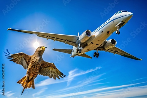 Majestic Falcon in Flight Alongside a Modern Jet in a Clear Blue Sky Capturing Nature and Technology