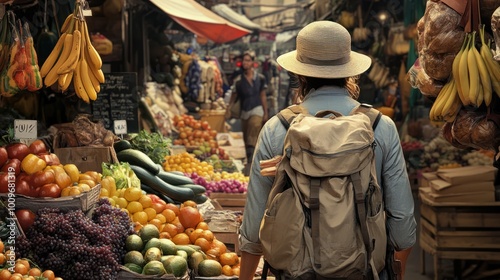 A traveler, donning a stylish hat and beige backpack, explores a bustling market filled with colorful fruits, vegetables, and various goods, capturing the essence of local culture and adventure. photo