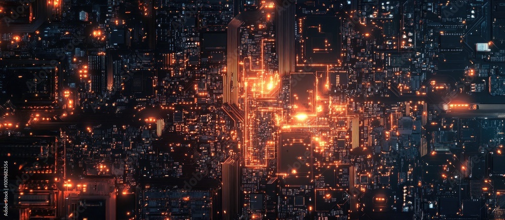 Glowing Circuit Board With Orange Lights Glowing Circuit Board With Orange Lights