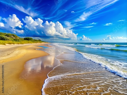 Scenic View of Ponte Vedra Beach with Soft Sand and Gentle Waves Under Clear Blue Sky photo