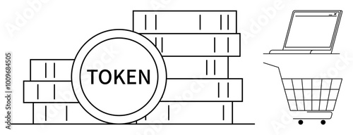 Tokens stacked with a shopping cart and laptop. Ideal for digital transactions, investing, online shopping, cryptocurrency, fintech. Black and white minimalistic line art